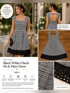 Nine West Women’s Black White Pattern Dress Size 4 Spring Wedding Guest